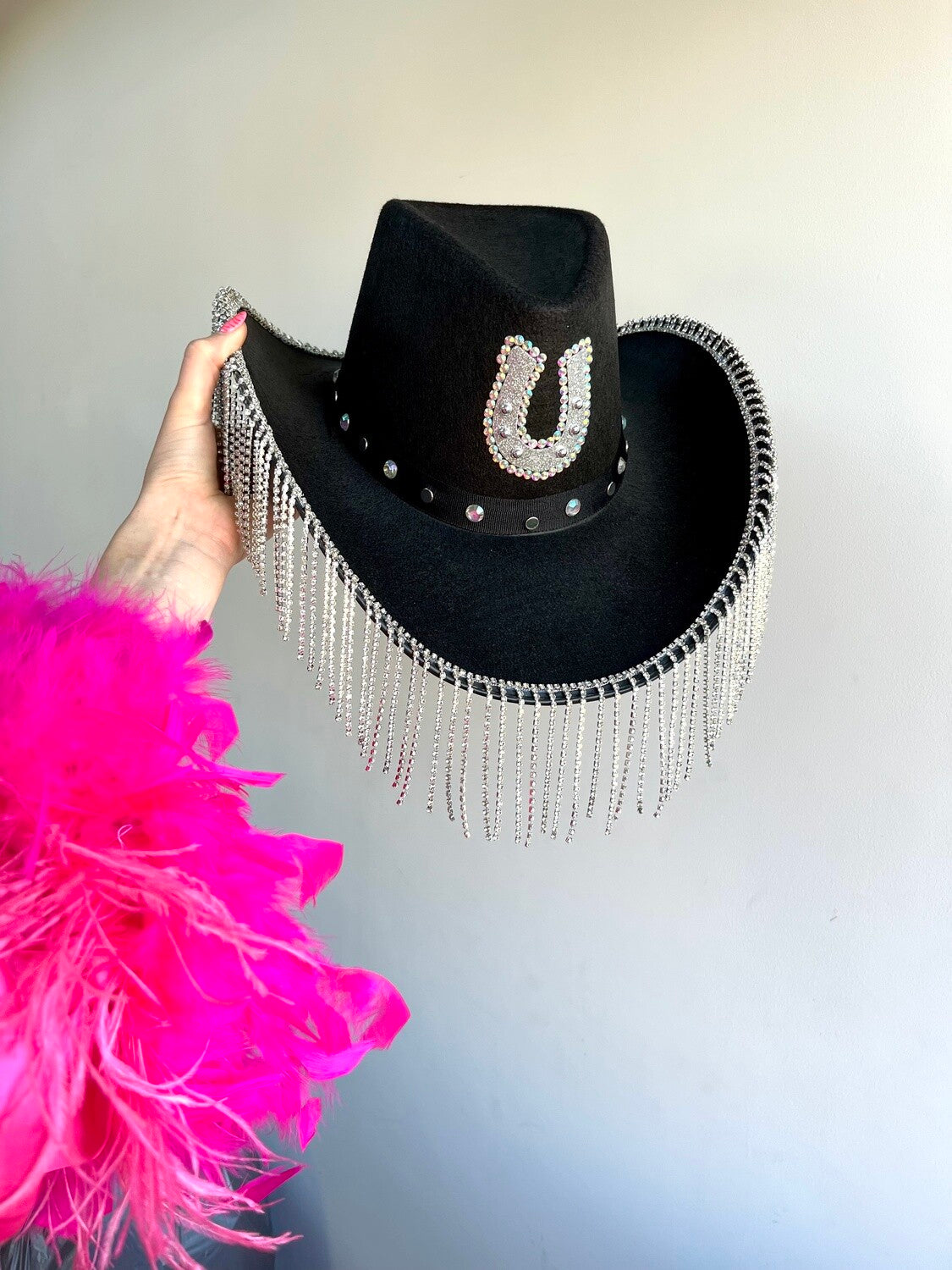 Black Horseshoe Rhinestone Fringe Cowboy Hat