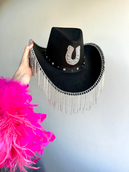 Black Horseshoe Rhinestone Fringe Cowboy Hat