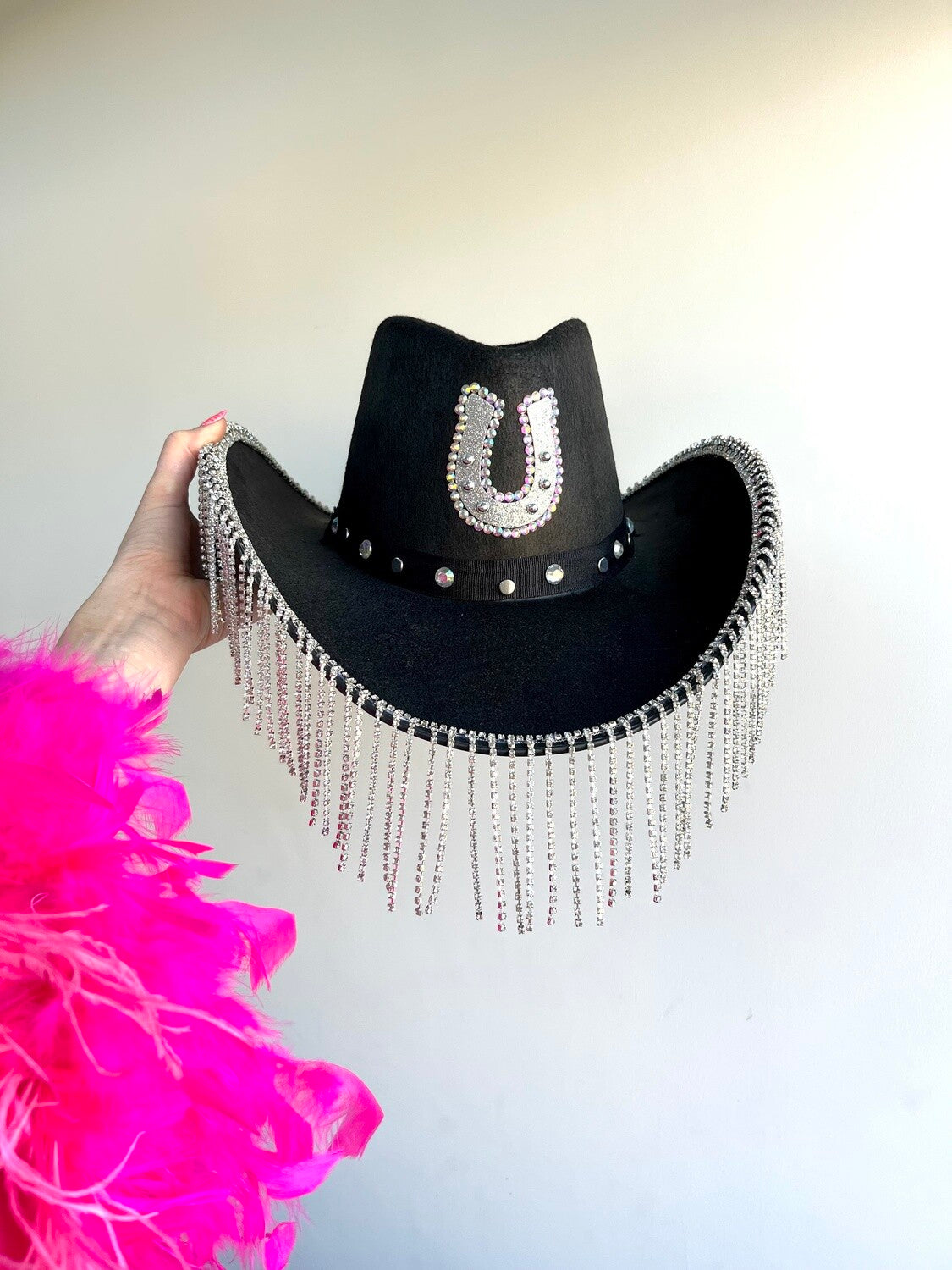 Black Horseshoe Rhinestone Fringe Cowboy Hat