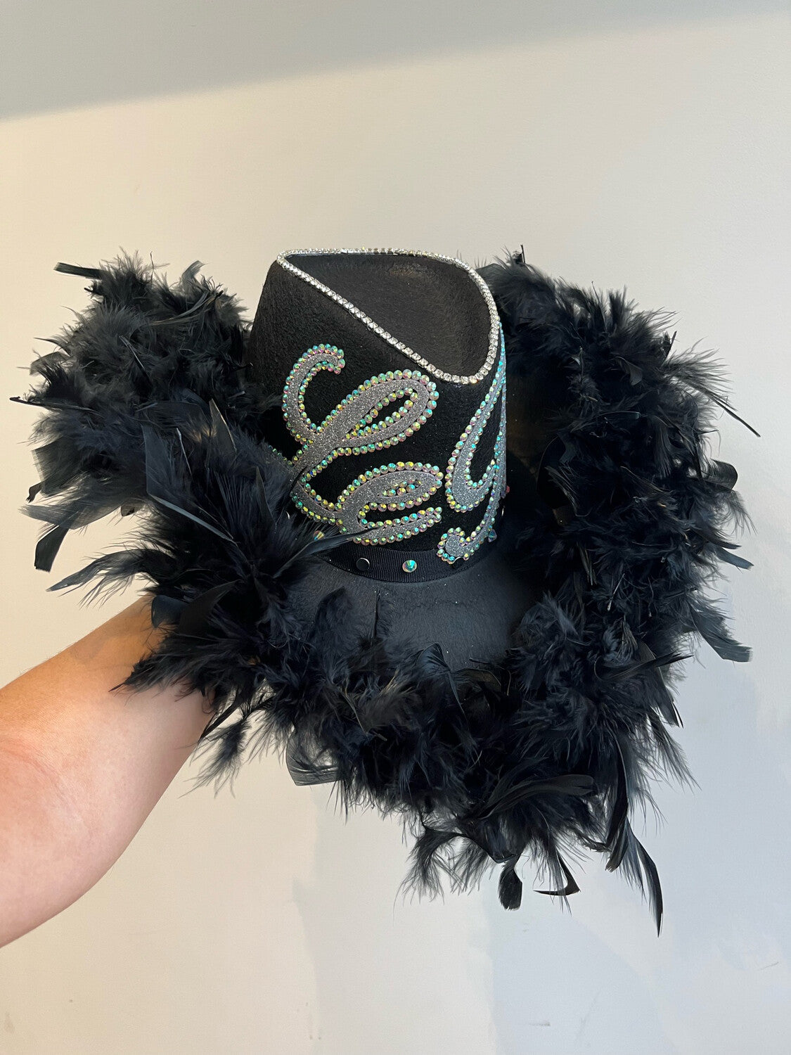 Black Feather Trim Cowboy Hat