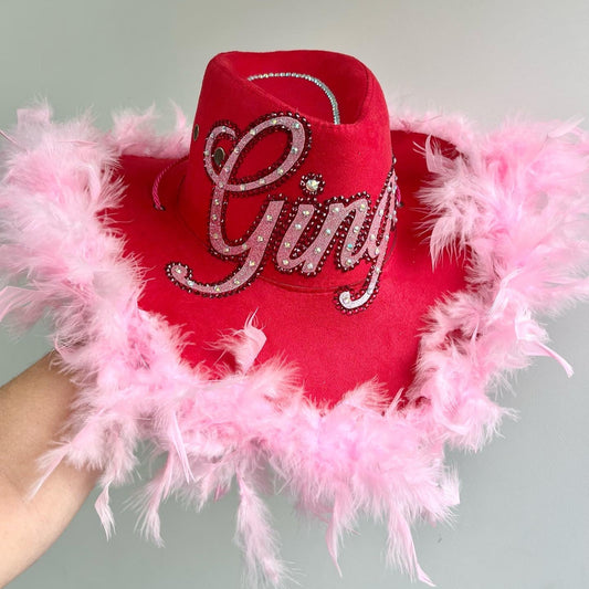 Personalised Red and Pink Feather Boa Cowboy Hat