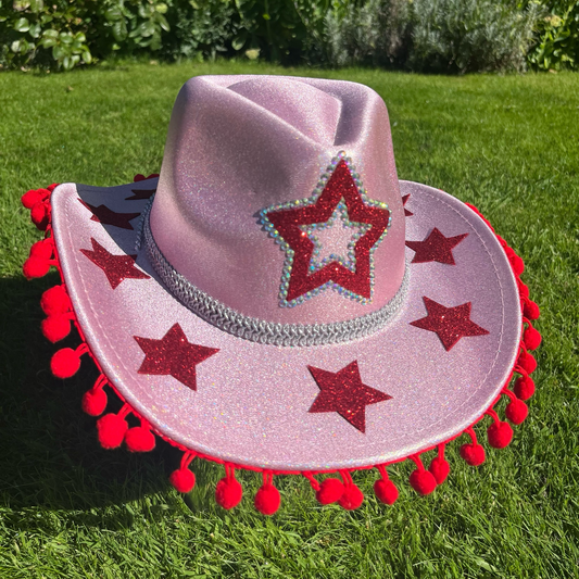 Metallic Pink And Red Star Cowboy Hat