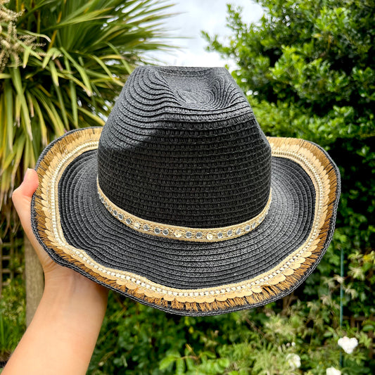 Boho Black Mirrored Trim Cowboy Hat