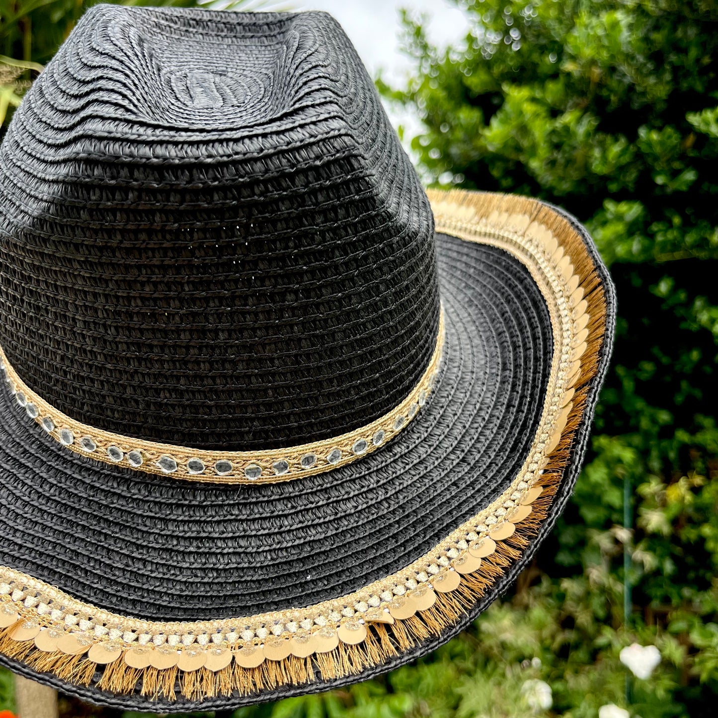 Boho Black Mirrored Trim Cowboy Hat