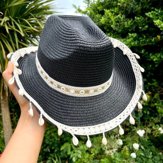Boho Black Shell Trim Cowboy Hat