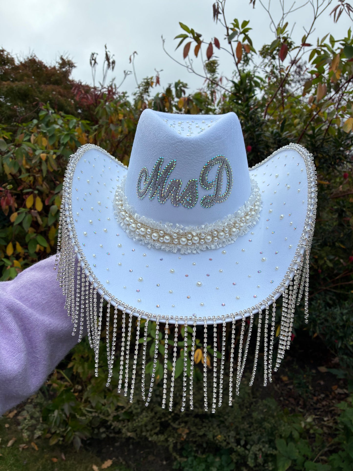Personalised Rhinestone Fringe Pearl Bride Cowboy Hat