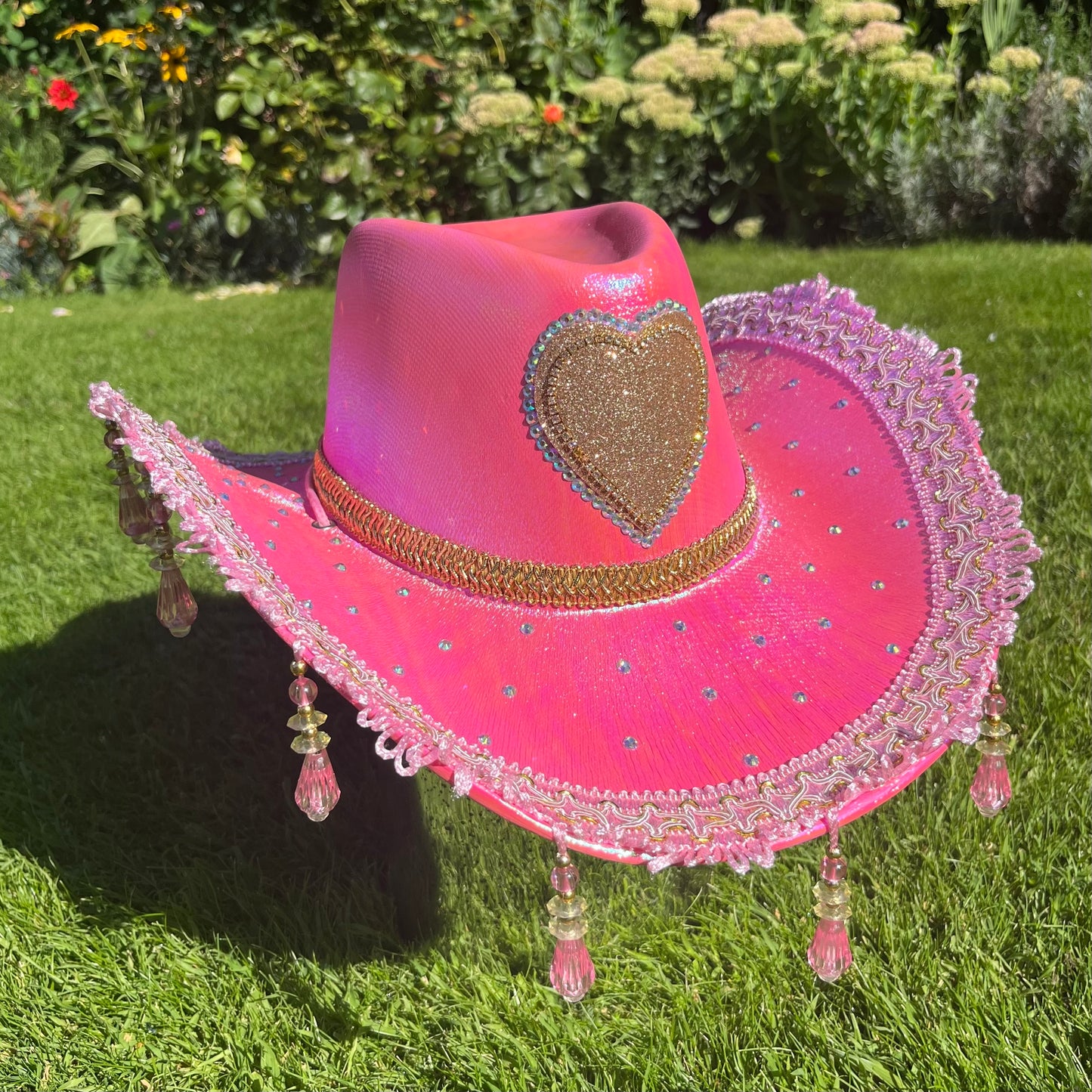 Metallic Pink Horseshoe Beaded Fringe Cowboy Hat