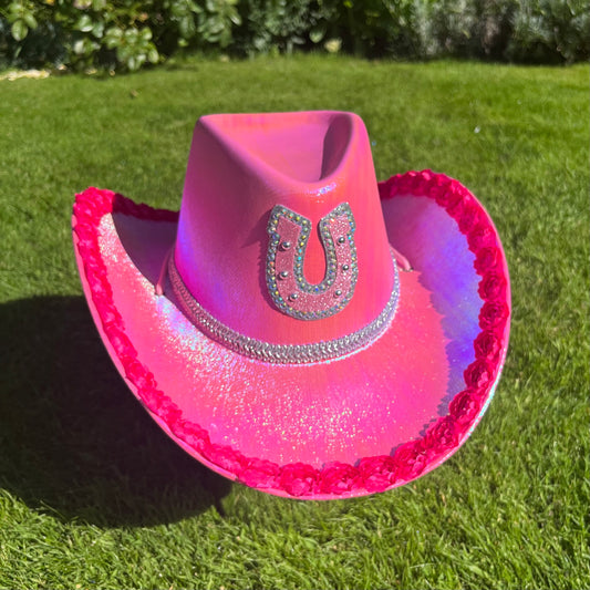 Metallic Pink With Rose Trim Cowboy Hat