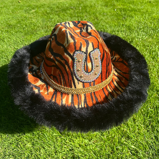 Tiger Print Rhinestone Horseshoe Cowboy Hat