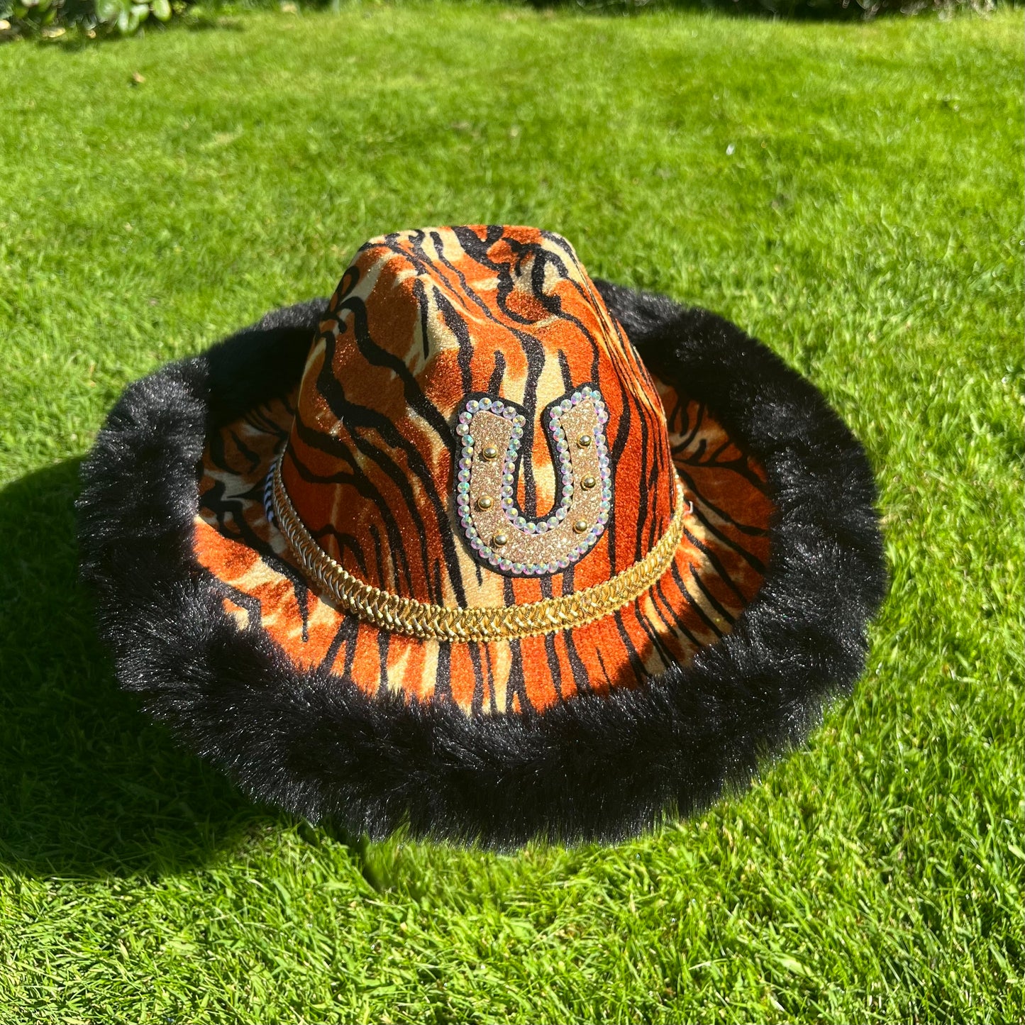 Tiger Print Rhinestone Horseshoe Cowboy Hat