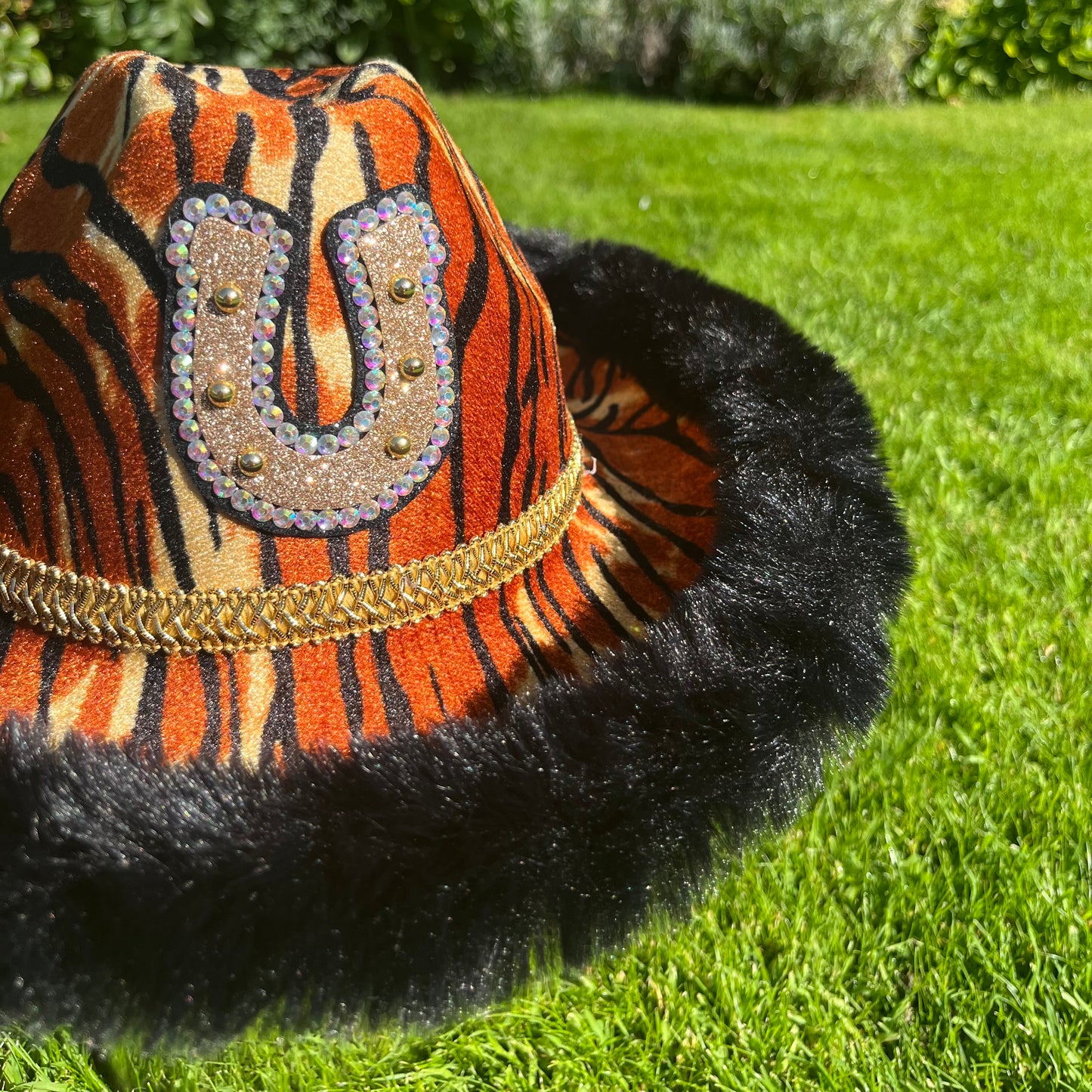 Tiger Print Rhinestone Horseshoe Cowboy Hat