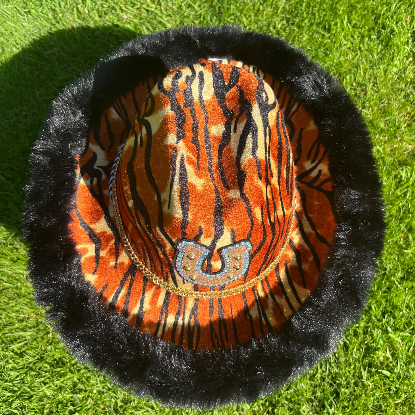 Tiger Print Rhinestone Horseshoe Cowboy Hat