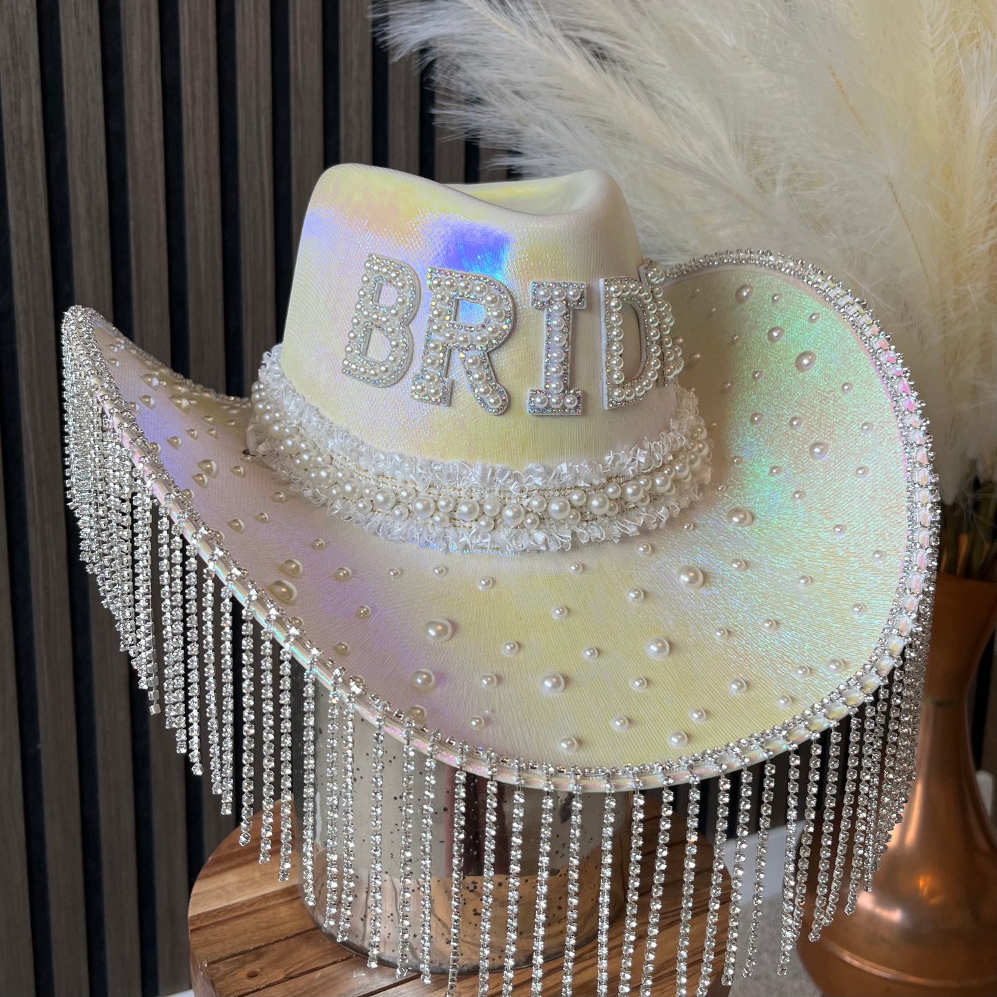 Rhinestone Fringe Pearl Bride Cowboy Hat