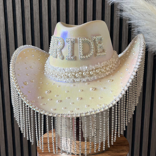 Rhinestone Fringe Pearl Bride Cowboy Hat