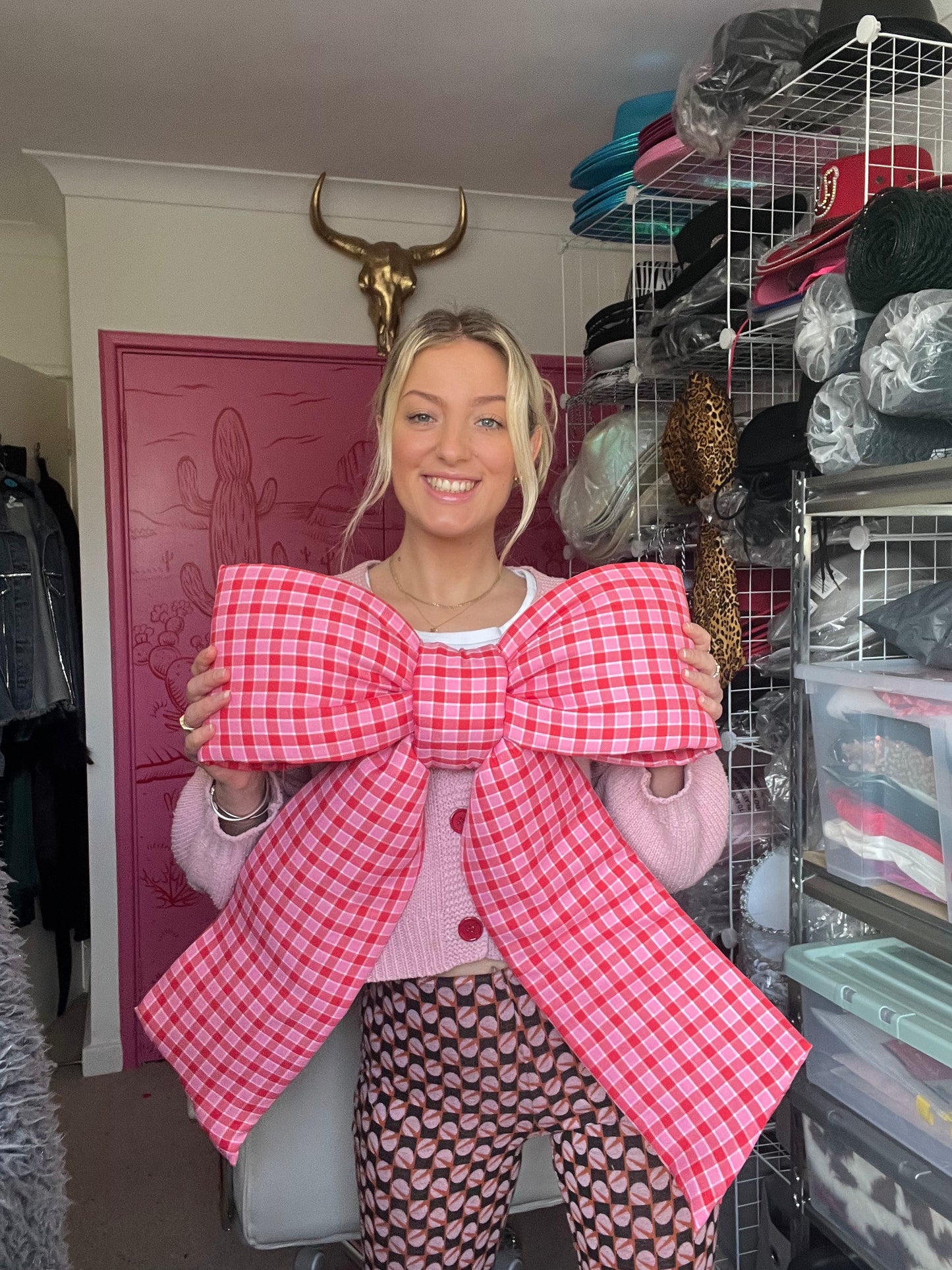 Pink and Red Gingham Door Bow