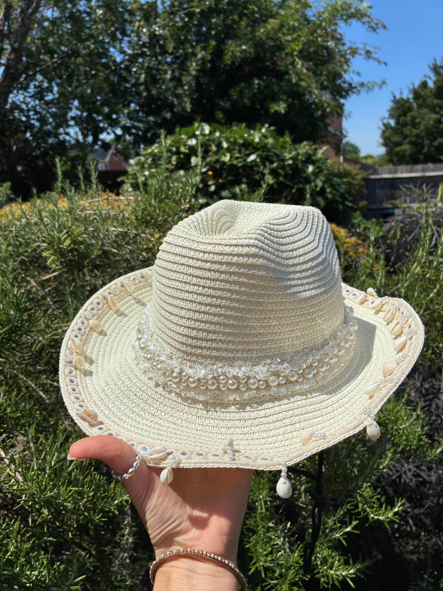 Boho Cream Shell & Pearl Trim Cowboy Hat