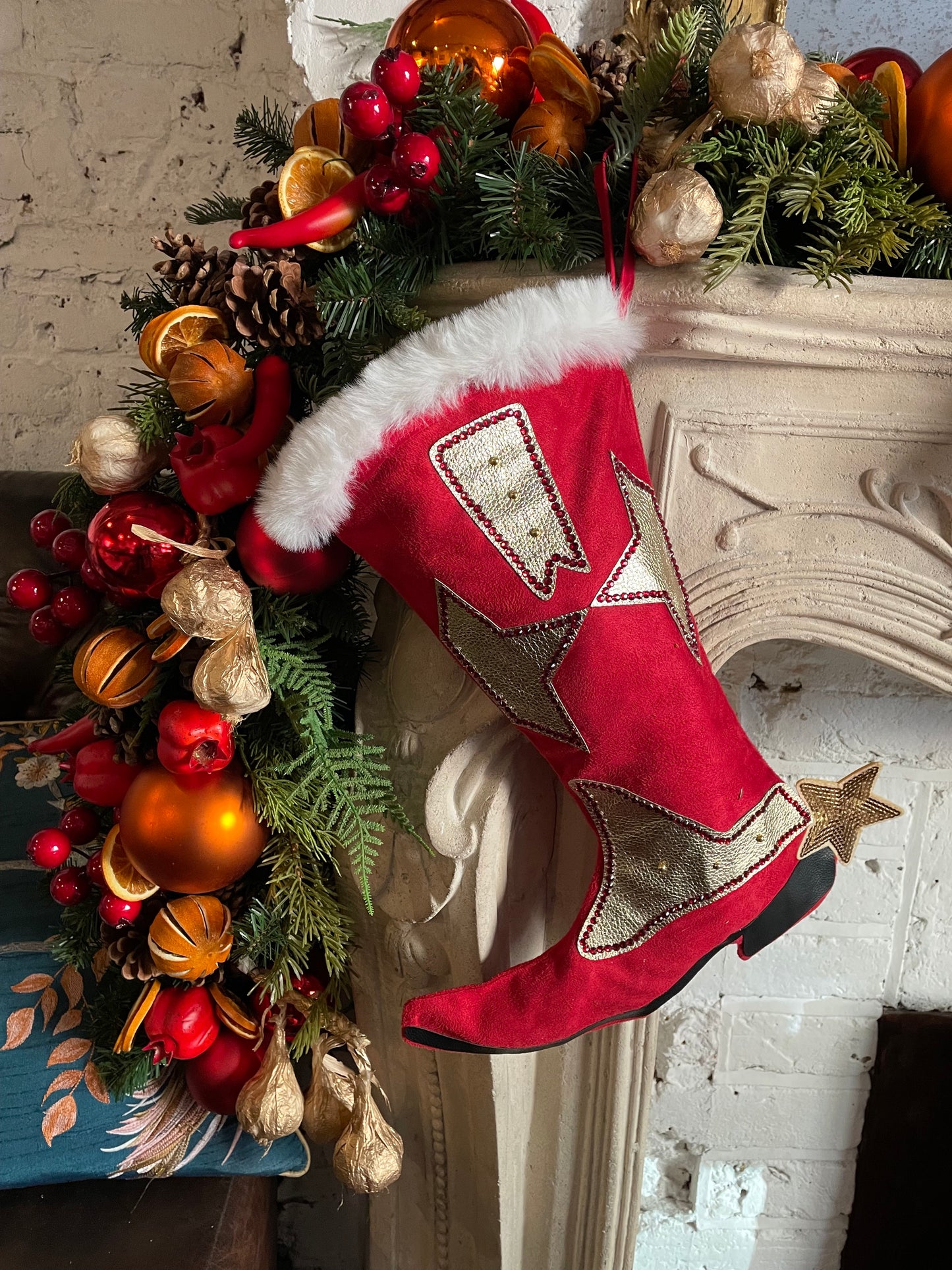 Red Suede Cowboy Boot Christmas Stocking