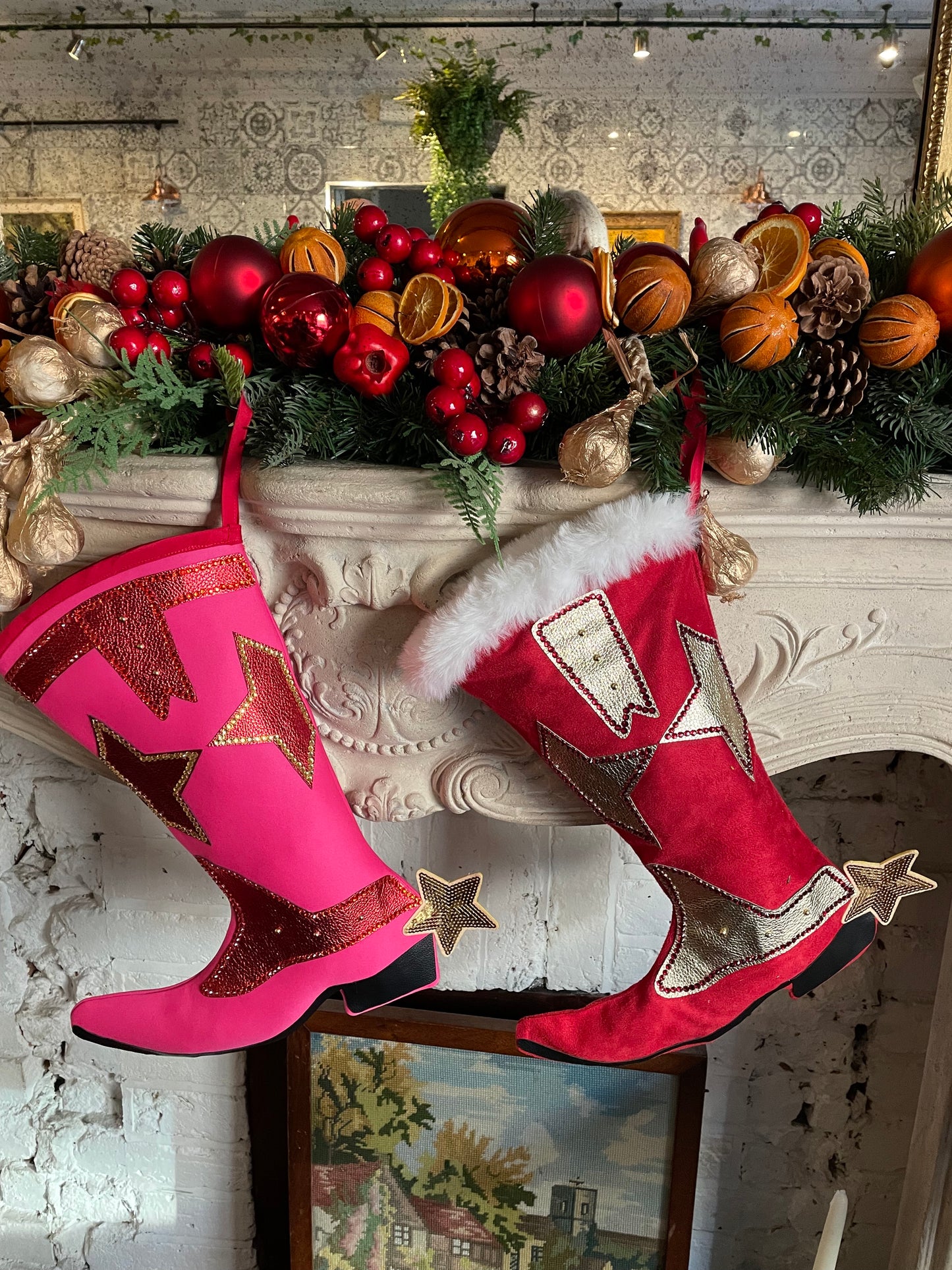 Red Suede Cowboy Boot Christmas Stocking