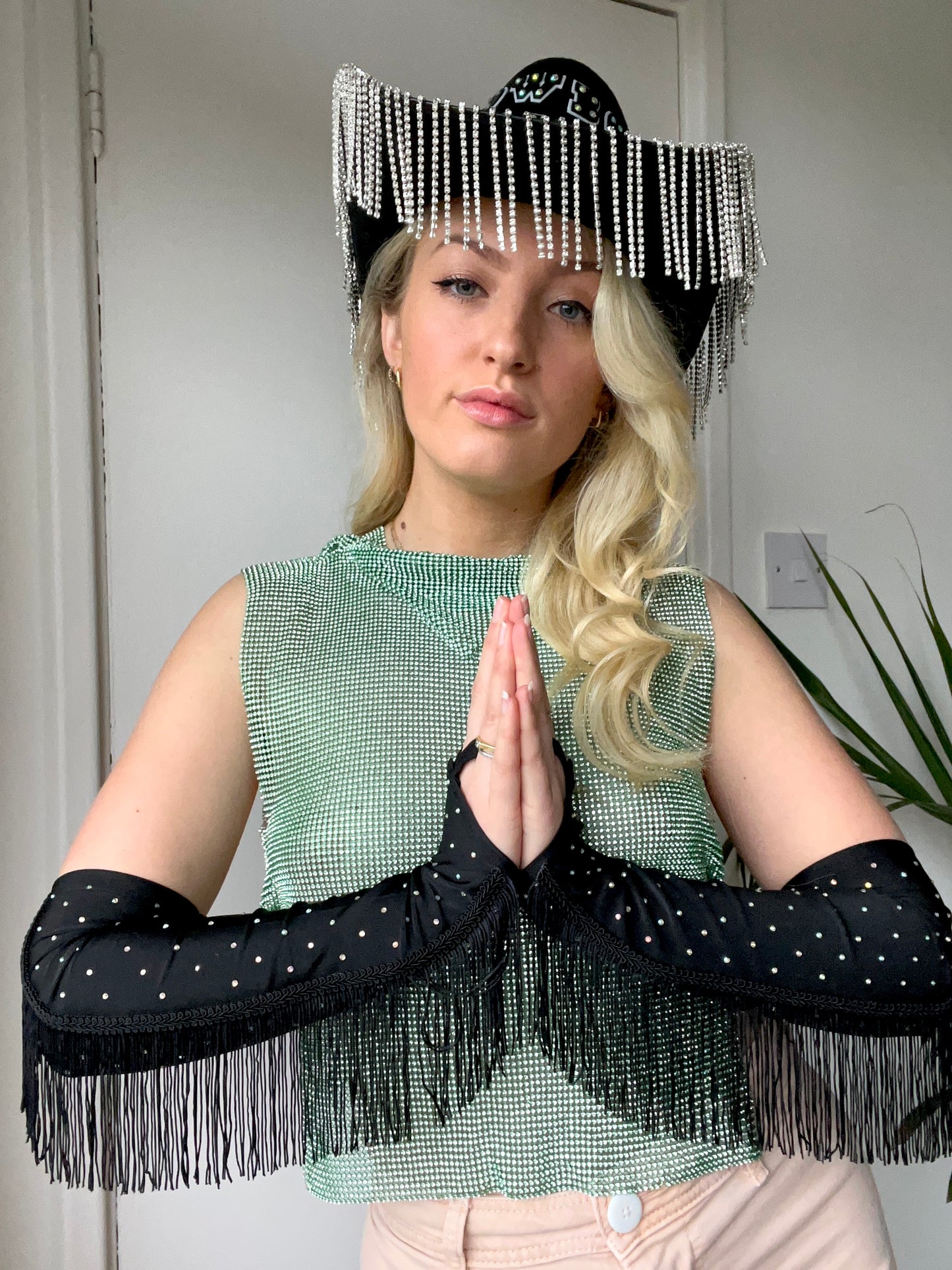 Rhinestone Fringe Fingerless Gloves
