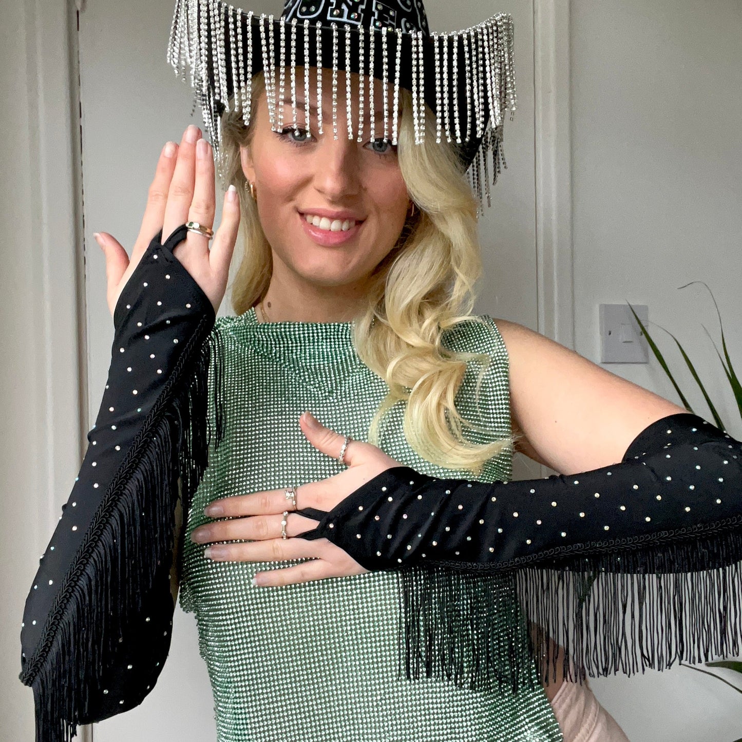 Rhinestone Fringe Fingerless Gloves