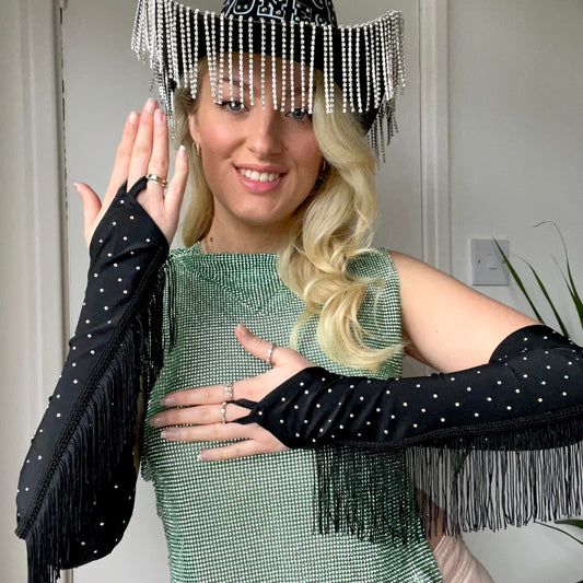 Rhinestone Fringe Fingerless Gloves