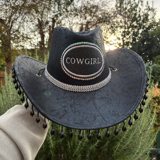Black Faux Leather Cowgirl Hat