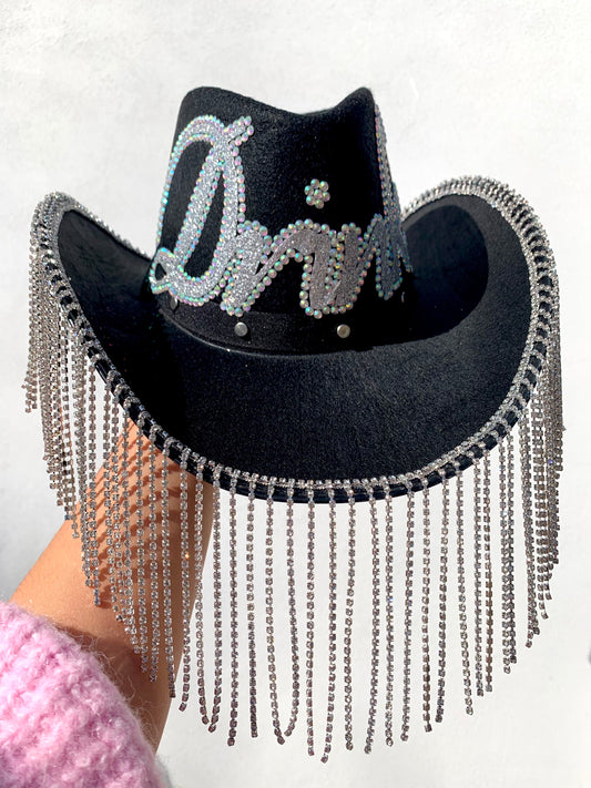 Personalised Black Rhinestone Fringe Cowboy Hat