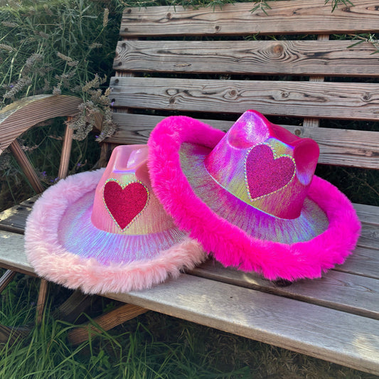 Hot Pink or Baby Pink Metallic Love Heart Cowboy Hats