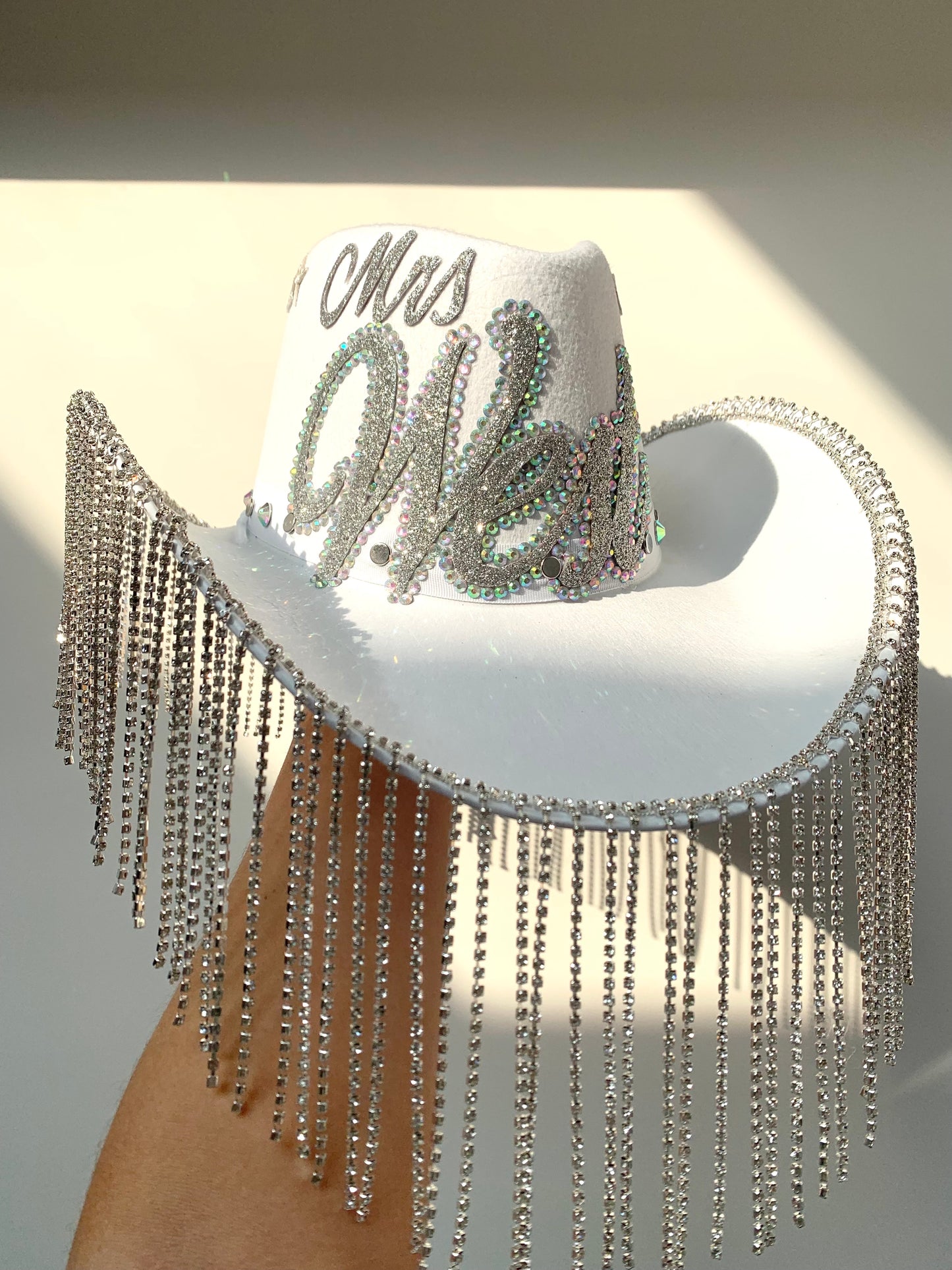 Personalised White Rhinestone Fringe Cowboy Hat