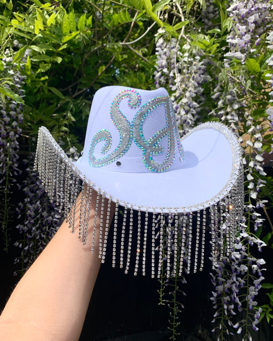 Personalised White Rhinestone Fringe Cowboy Hat