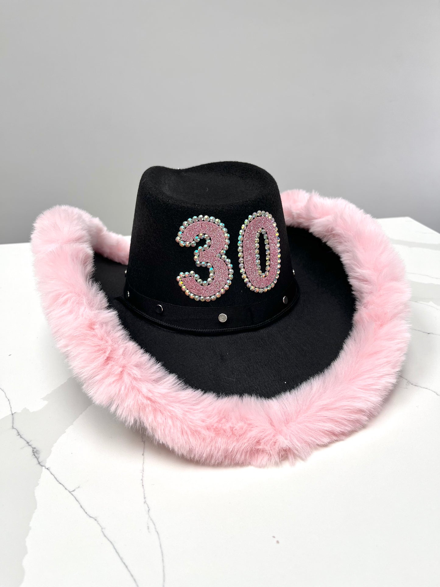 Personalised Black Cowboy Hat with Baby Pink Fur Trim