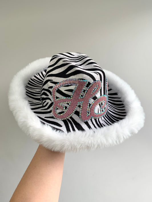 Fur Trim Zebra Print Cowboy Hat