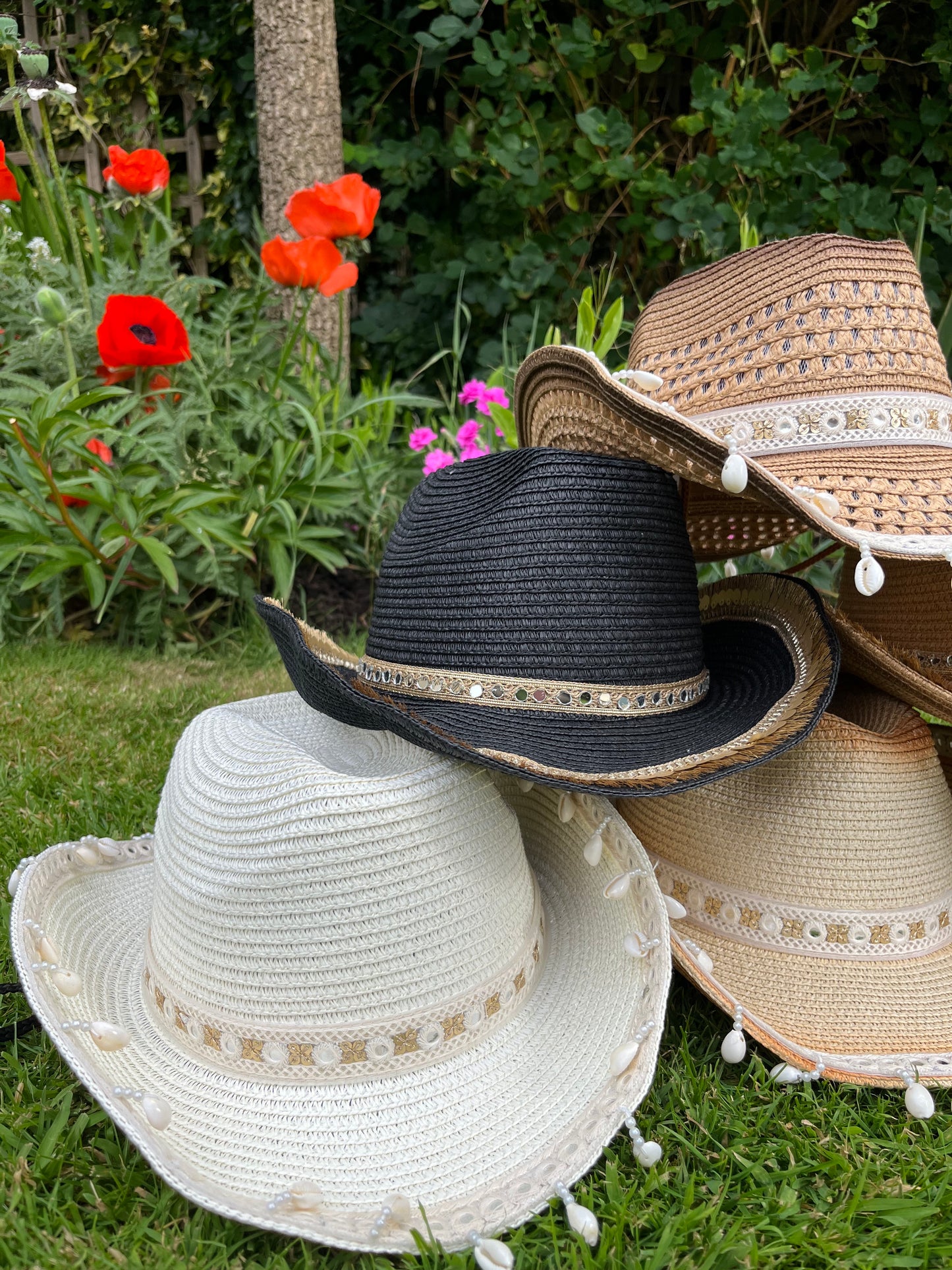 Boho Cream Shell Trim Cowboy Hat
