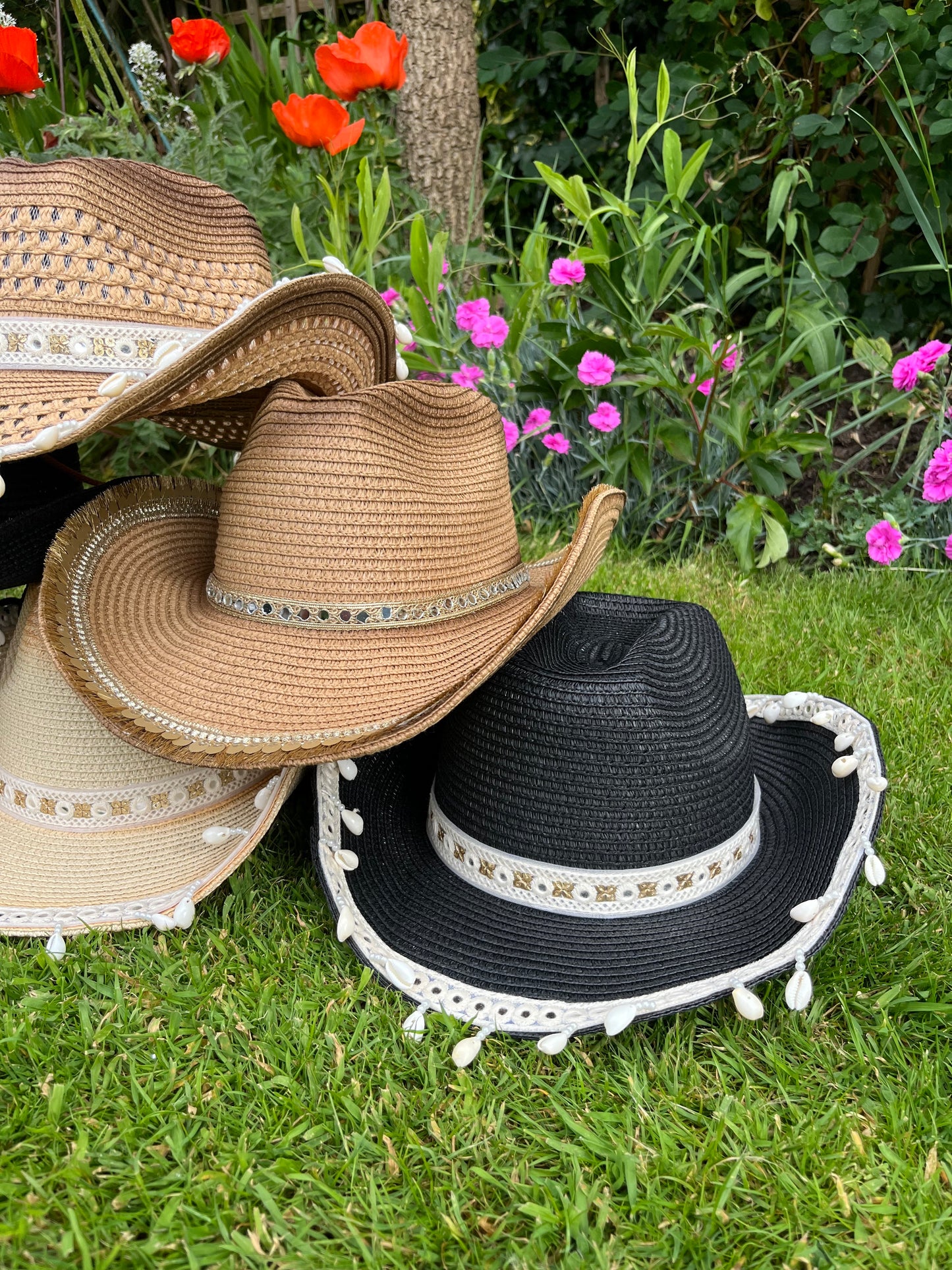 Boho Black Shell Trim Cowboy Hat