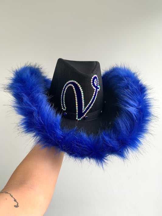 Personalised Black Cowboy Hat with Electric Blue Fur Trim
