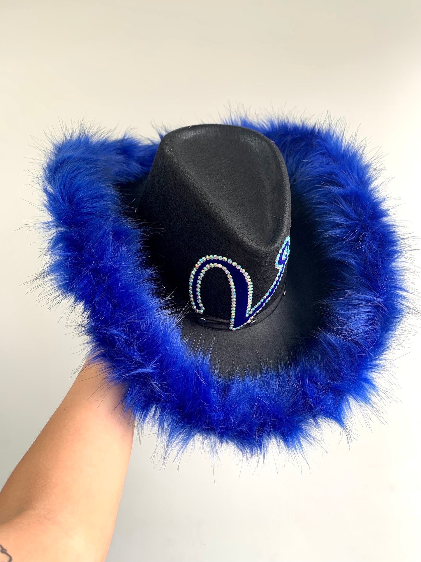 Personalised Black Cowboy Hat with Electric Blue Fur Trim