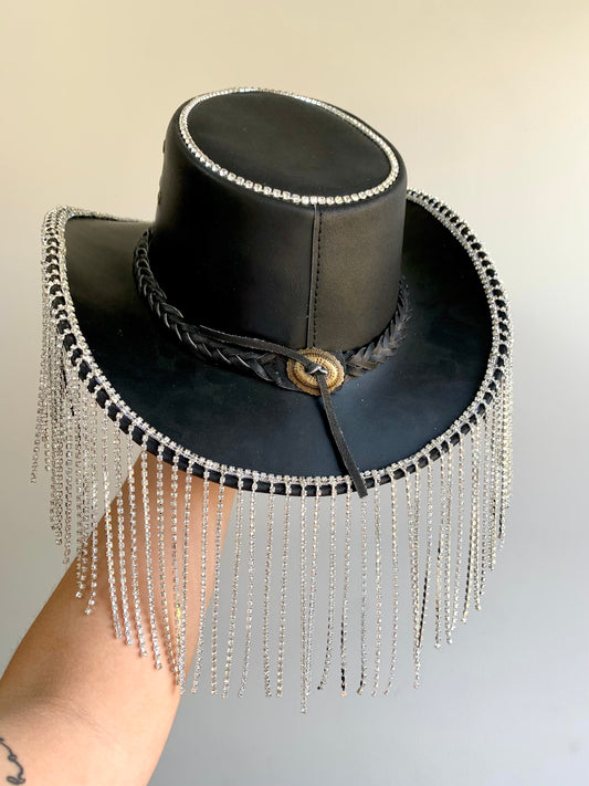 Black Leather Rhinestone Fringe Cowboy Hat