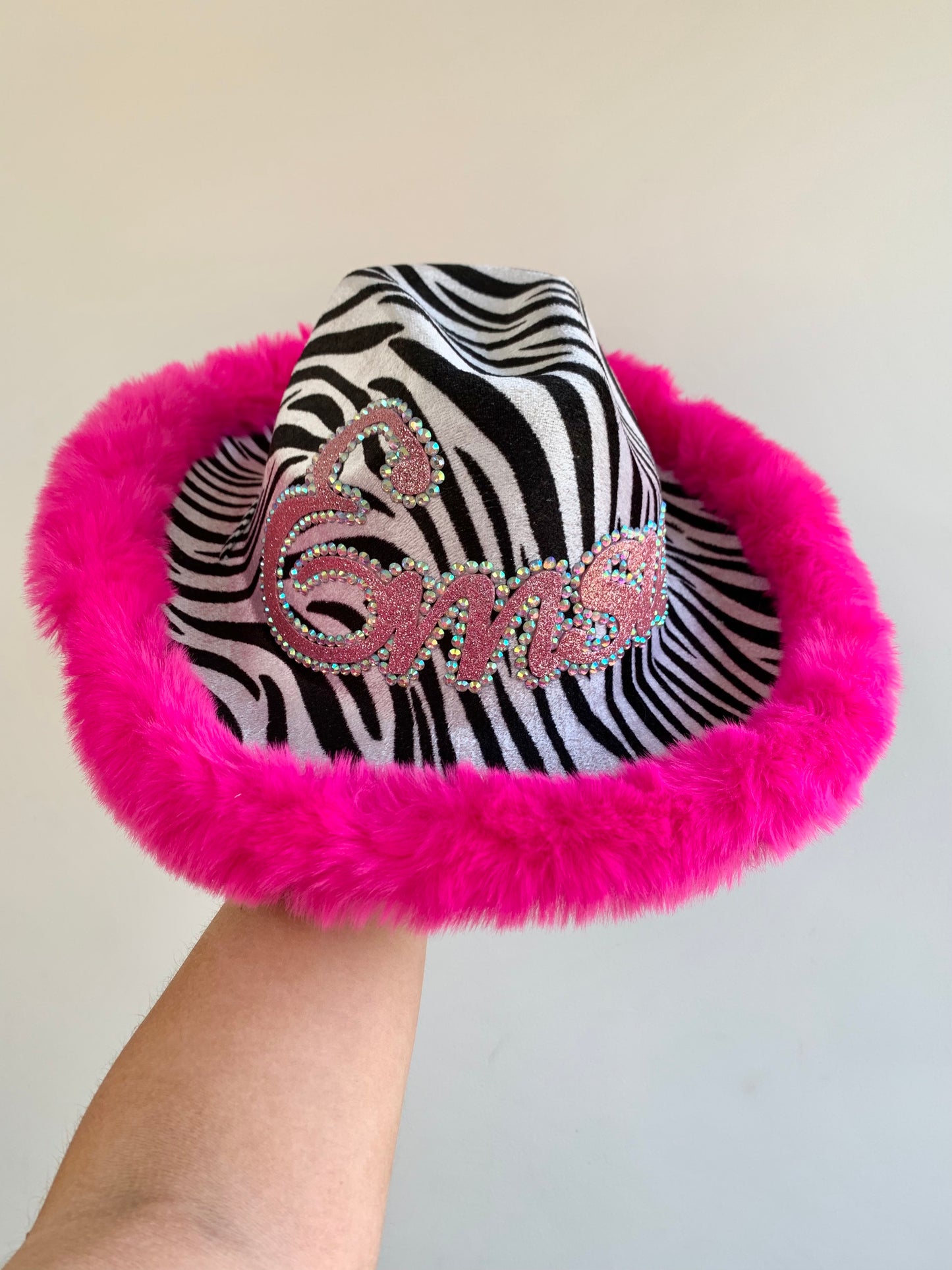 Personalised Fur Trim Zebra Print Cowboy Hat