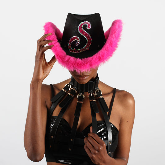 Personalised Black Cowboy Hat with Hot Pink Fur Trim