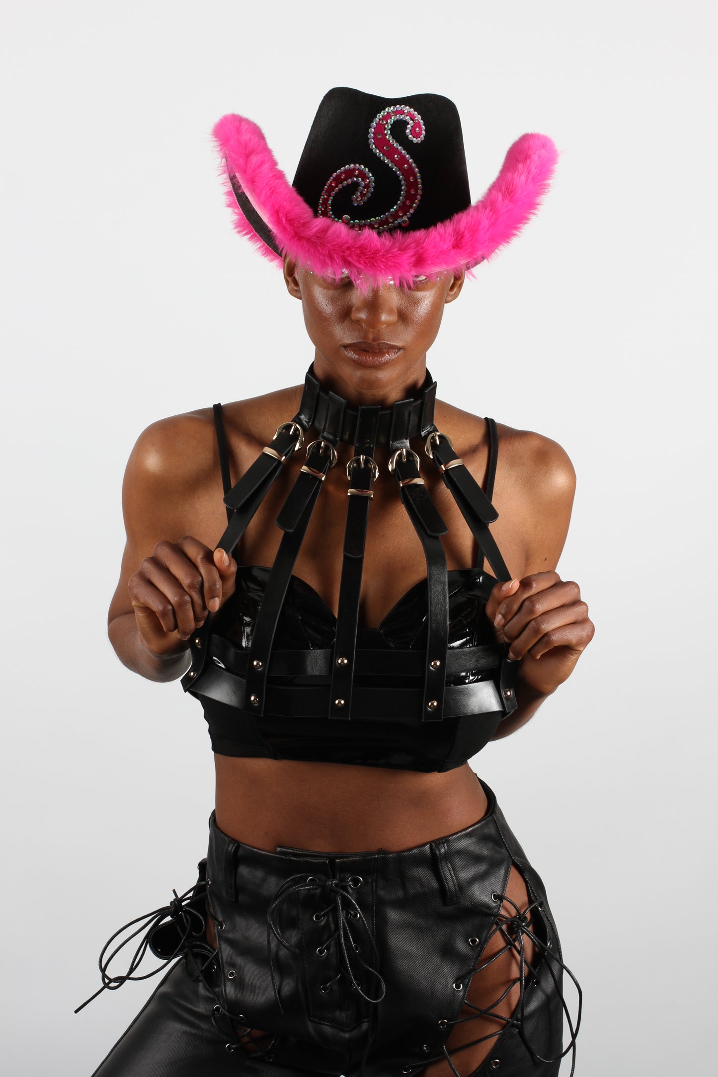Personalised Black Cowboy Hat with Hot Pink Fur Trim