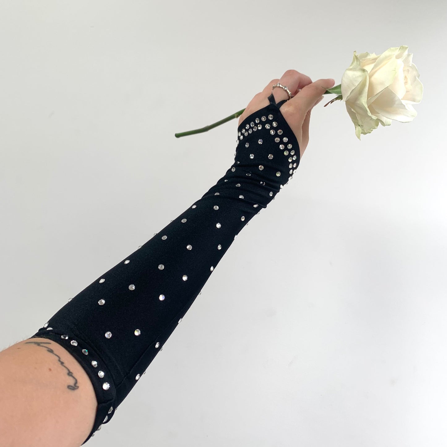 Crystal Rhinestone Black Satin Gloves