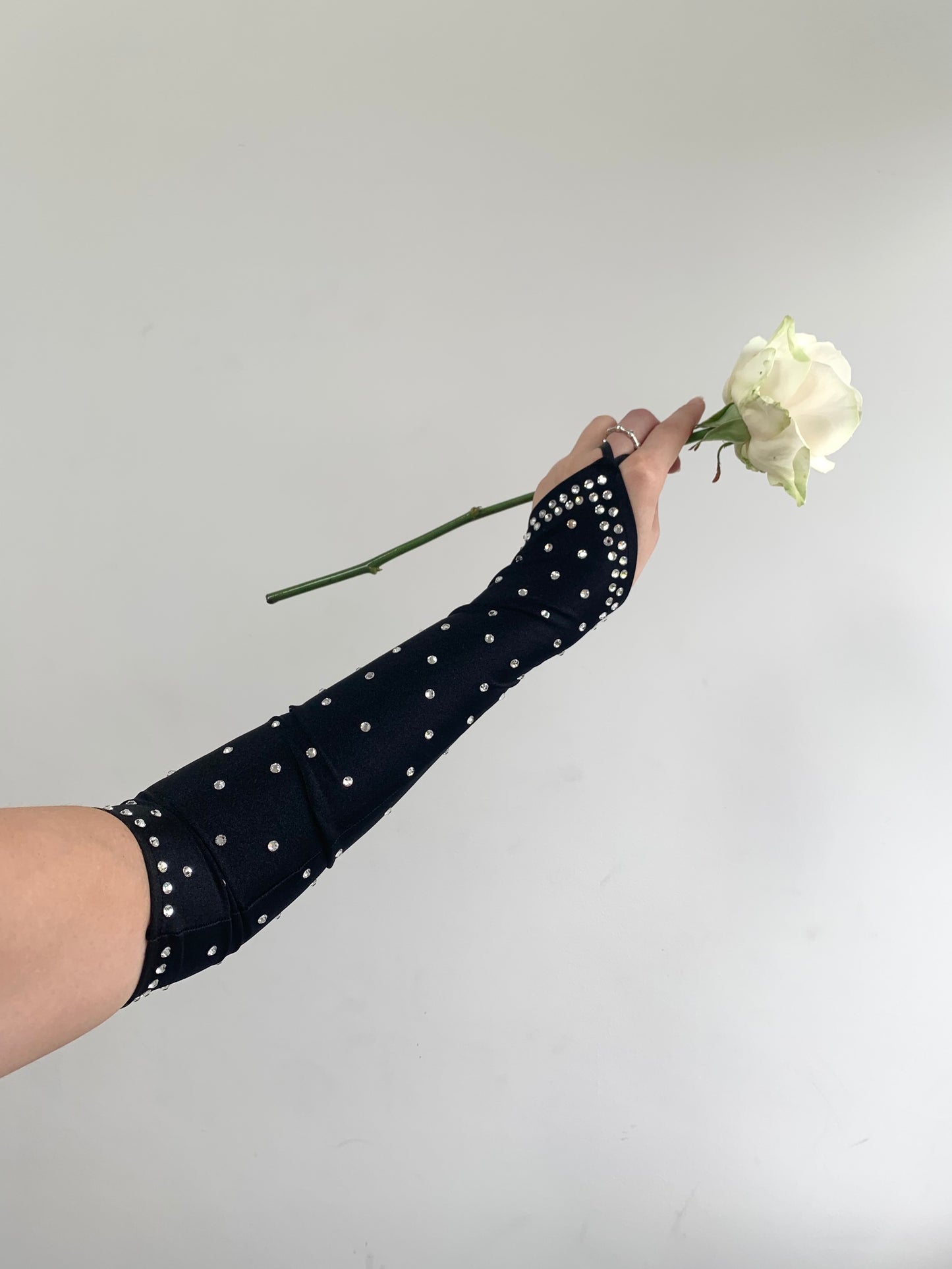 Crystal Rhinestone Black Satin Gloves