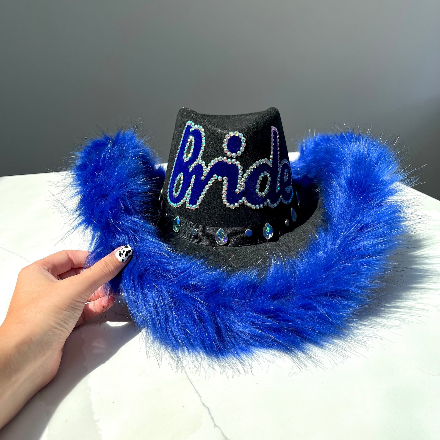 Personalised Black Cowboy Hat with Electric Blue Fur Trim