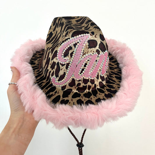 Personalised Fur Trim Leopard Print Cowboy Hat