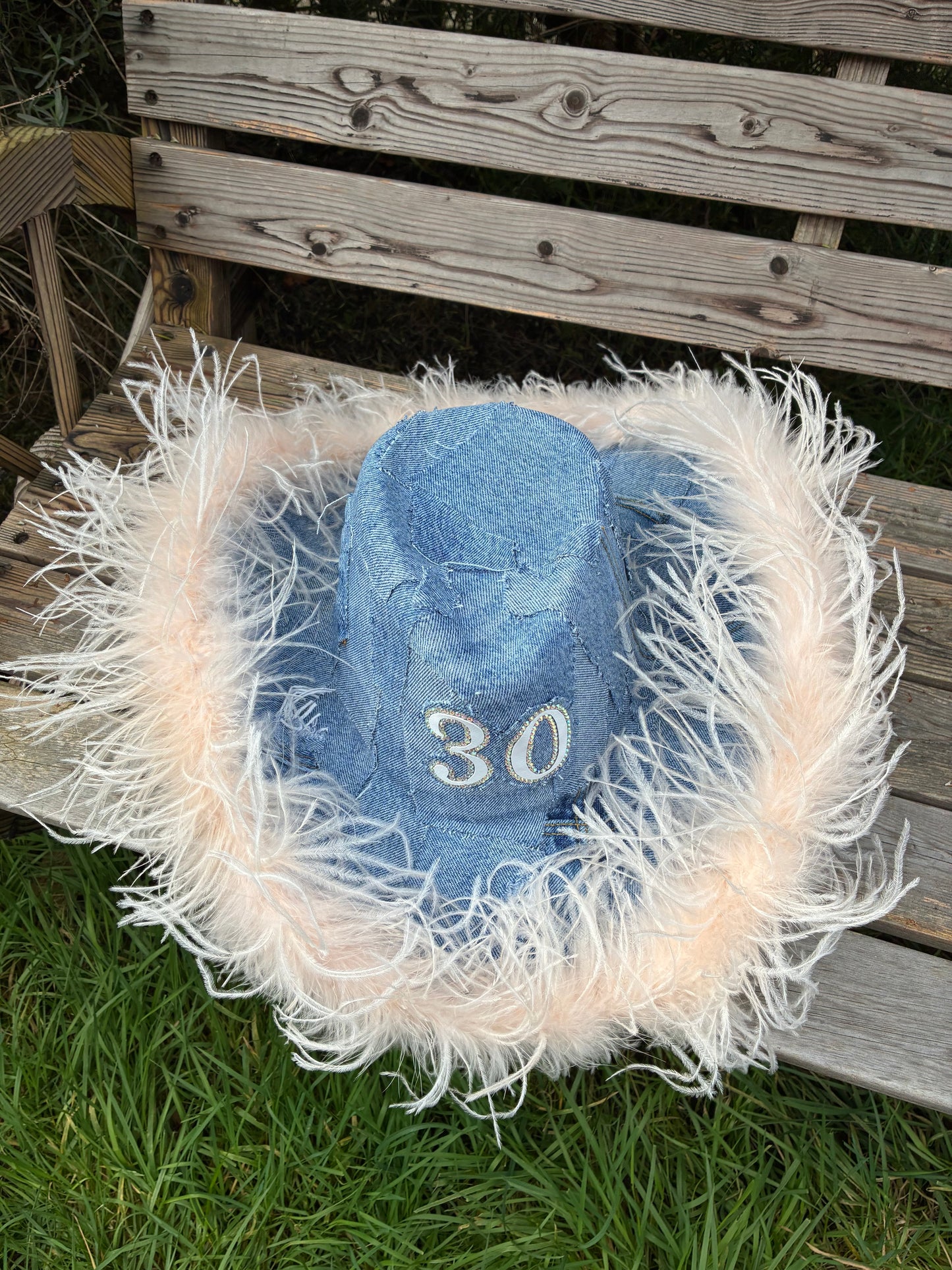 Personalised Denim Cowboy Hat with Ostrich Feather Trim