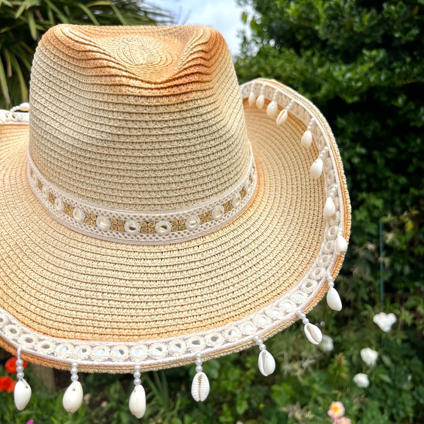 Boho Tan Shell Trim Cowboy Hat