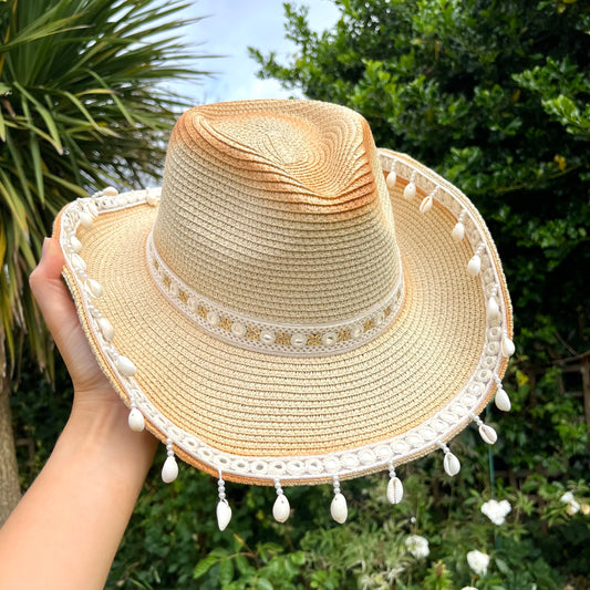 Boho Tan Shell Trim Cowboy Hat