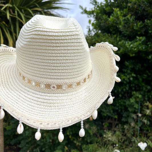 Boho Cream Shell Trim Cowboy Hat