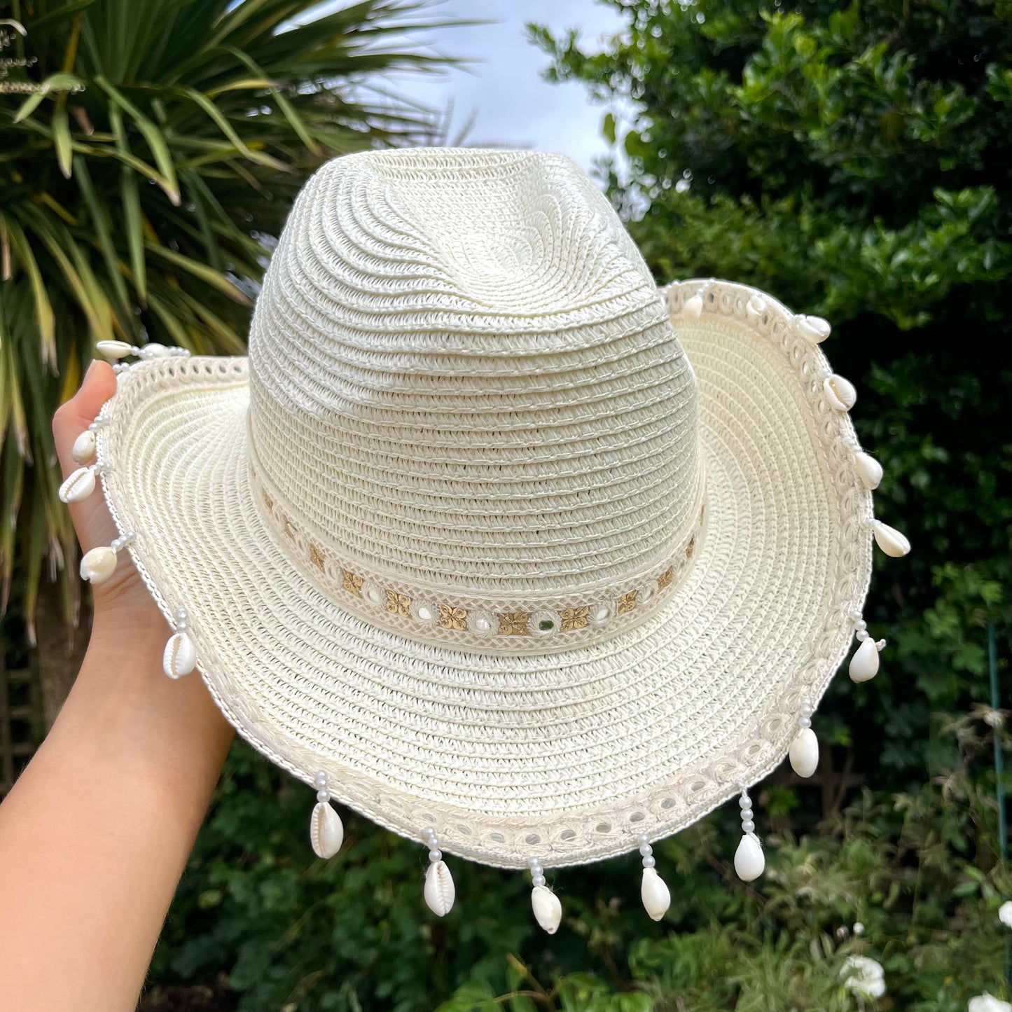 Boho Cream Shell Trim Cowboy Hat