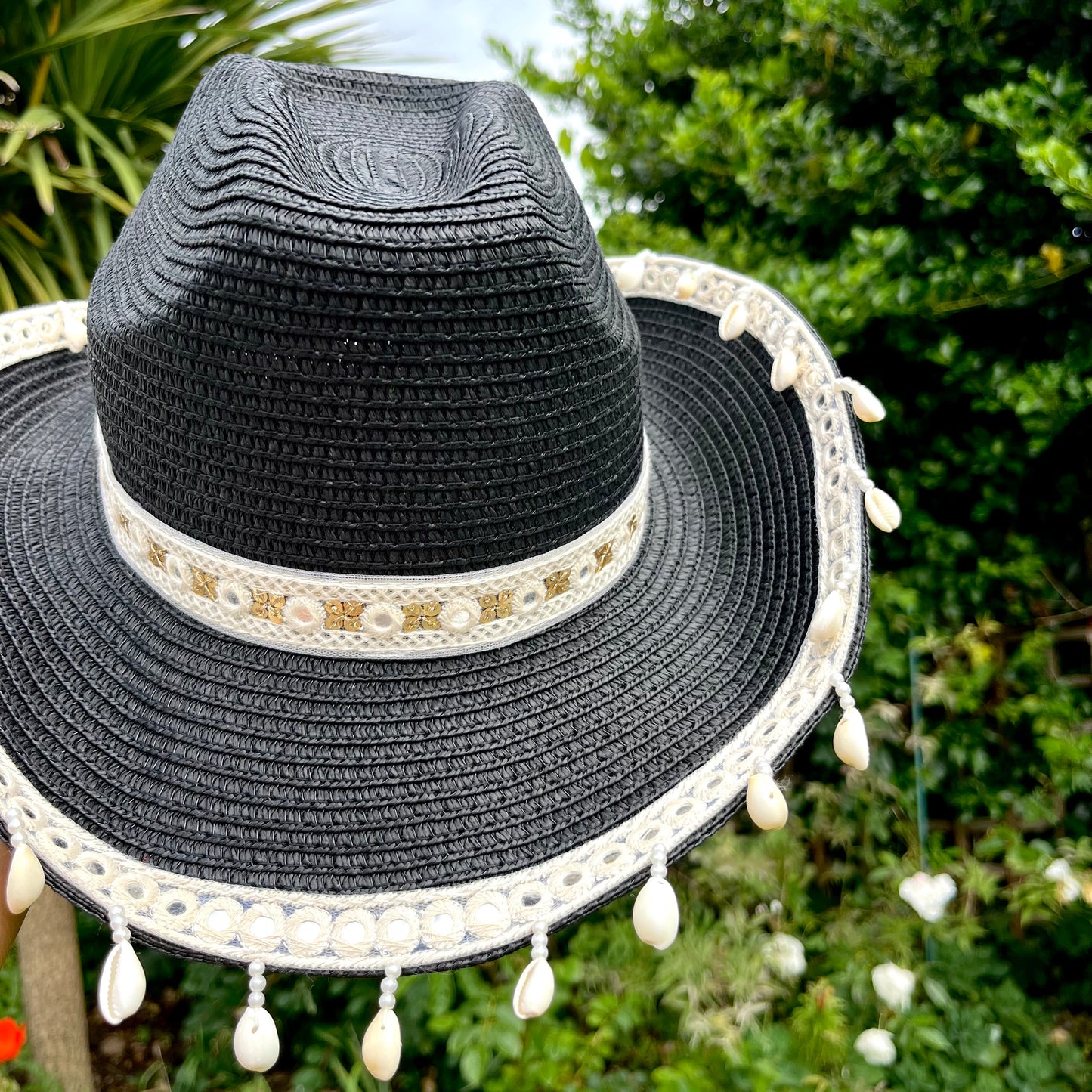 Boho Black Shell Trim Cowboy Hat